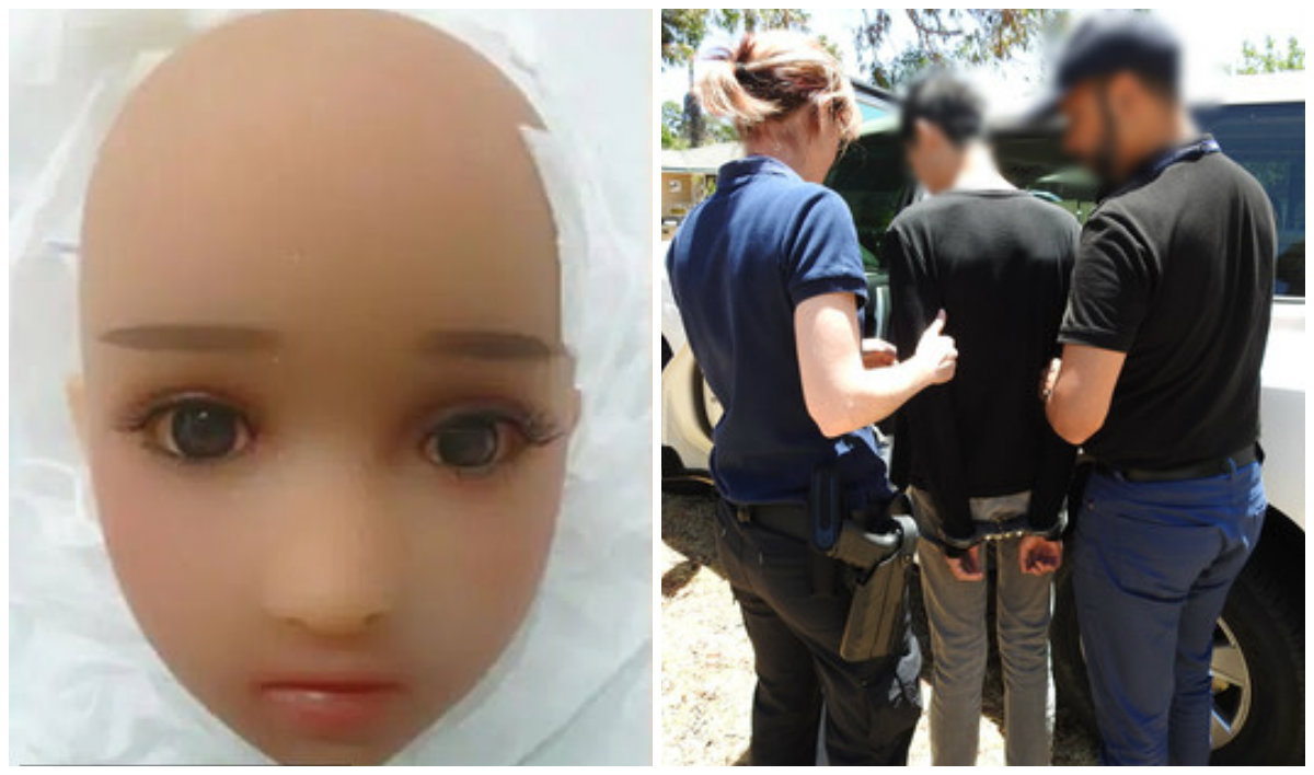 Part of a sex doll seized by Australian authorities, at left. The unidentified Singaporean student arrested Thursday in Perth, Western Australia. Photos: Australian Border Force