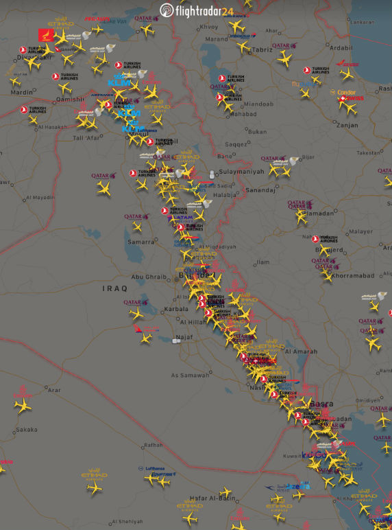 Map of flights over Iraq during rush hour on Jan. 8