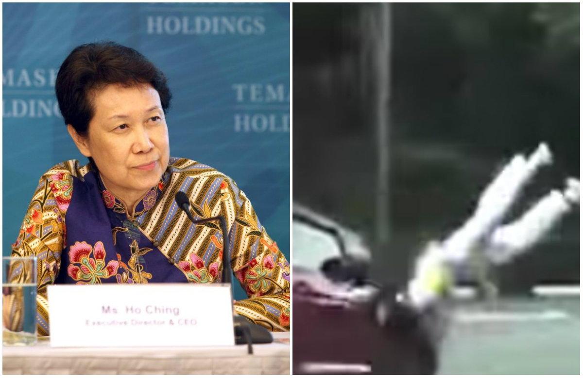 Ho Ching, CEO of state investment company Temasek Holdings and Mrs. PM, at left; a still from video of Monday’s Havelock Road traffic incident, at right. Photos: Lucasmatti/Wikimedia Commons, Roads.sg/YouTube