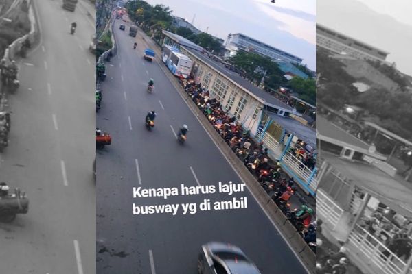 Jakarta motorcyclists get stuck behind a bus on the forbidden TransJakarta lane. Photo: Instagram/@dishubdkijakarta