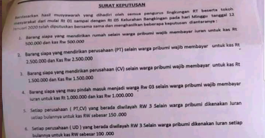 A circular detailing community taxes for “non-native” Indonesians in Surabaya. Photo: Twitter