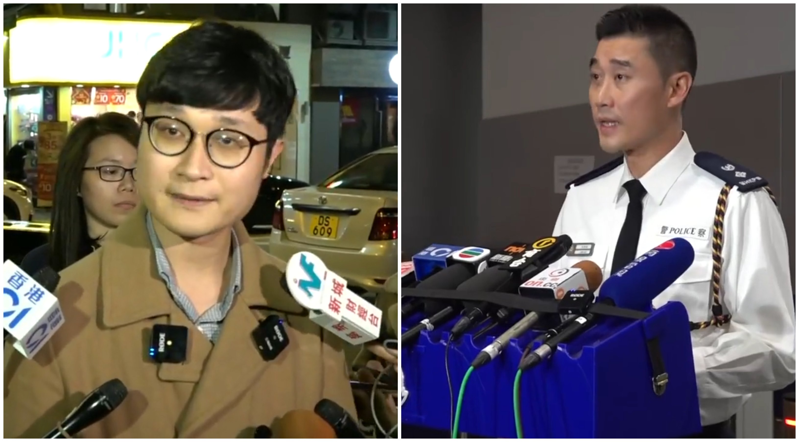 Activist Ventus Lau (left) and police Superintendent Ng Lok-Chun give separate press conferences following a rally at Chater Garden that descended into violence yesterday. Screengrabs via Facebook.