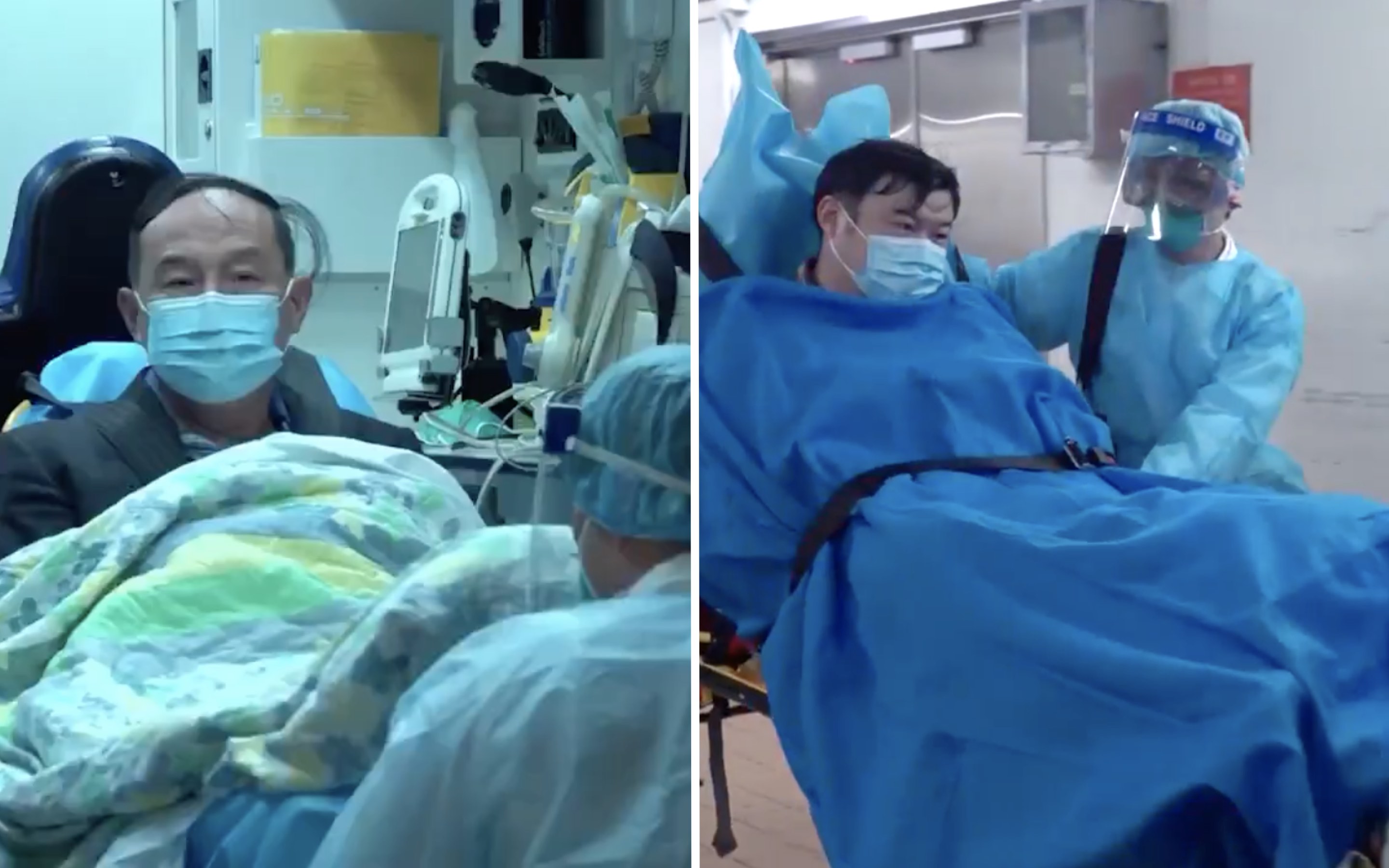 Two men, a 59-year-old man returning to Hong Kong from Wuhan (left) and a 39-year-old tourist from Wuhan (right) are taken to Princess Margaret Hospital after testing positive in preliminary tests for a mystery Wuhan coronavirus. Screengrabs via Facebook video/RTHK.