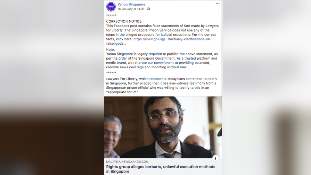 Yahoo Singapore posts correction notice related to Changi Prison executions report. Image: Facebook