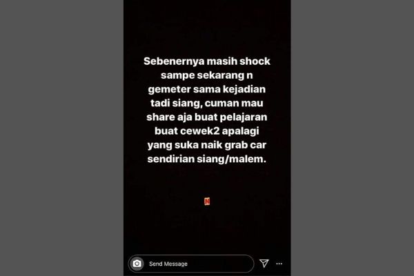 “I am shocked and shaking from what happened earlier in the afternoon. I want to share my story to warn other women traveling alone via Grab car in the afternoons/evenings,” reads a screenshot of a viral Instagram story post by a Jakarta woman who escaped an alleged abduction attempt by a Grab car driver.