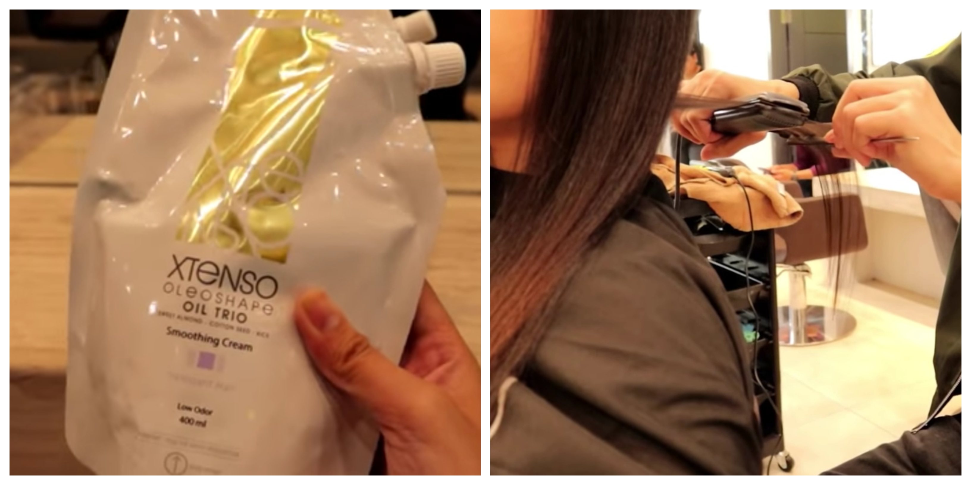 Vlogger Linexoxo (right) having her hair rebonded at a salon. Left is the rebonding cream used on her hair. Screenshot from Line xoxo's YouTube video