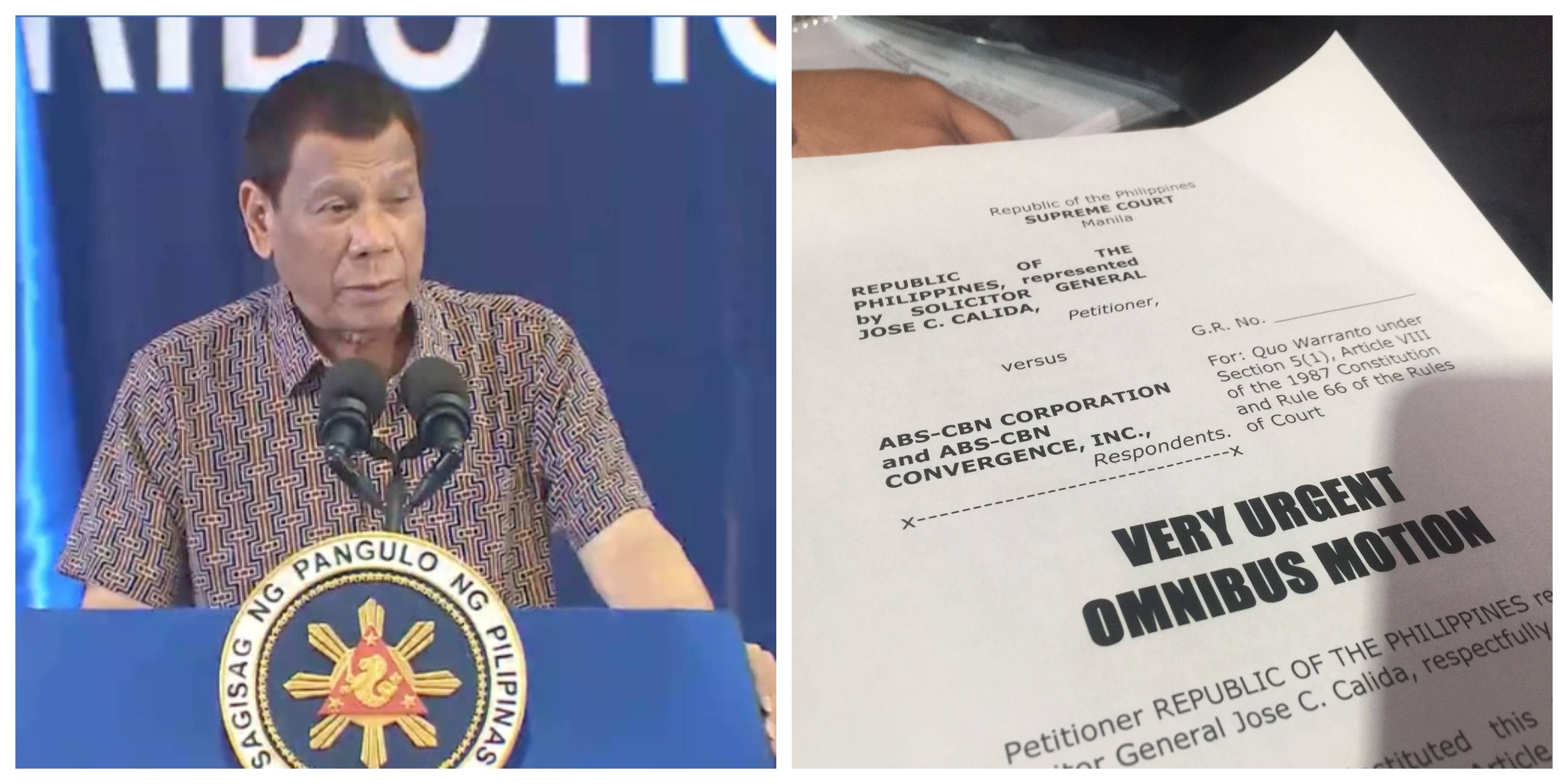 President Rodrigo Duterte and the petition filed by Solicitor General Jose Calida. <i></noscript>Photo: Screenshot from Radio Television Malacañang’s video/Mike Navallo of ABS-CBN News</i>