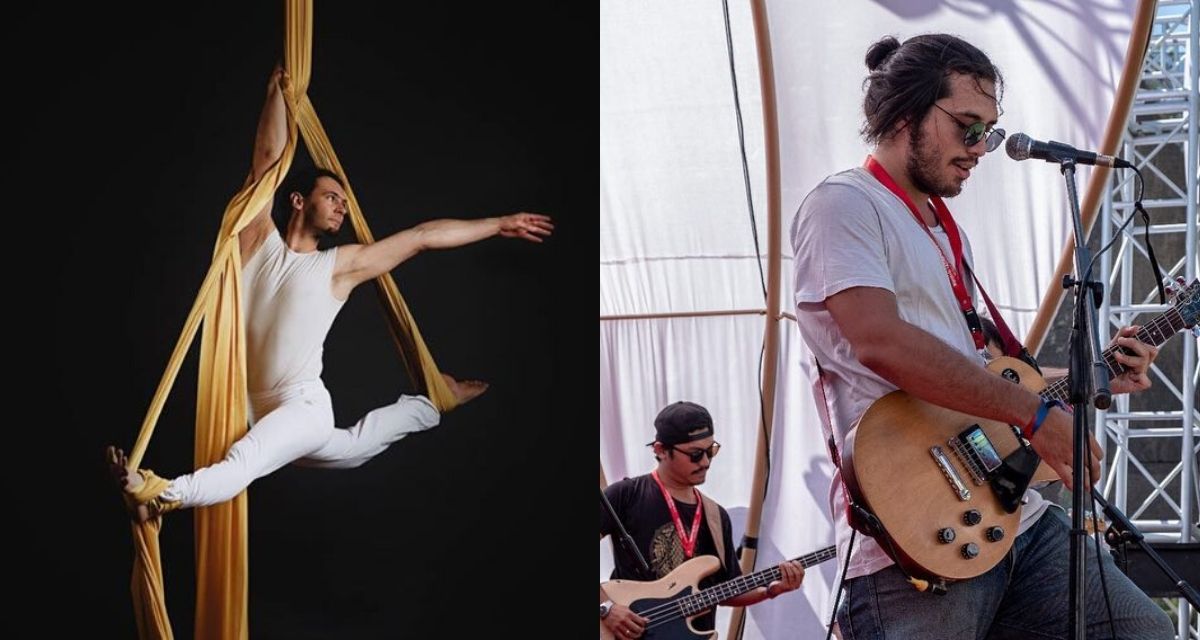 Left: An aerial silks performance. Right: Manja live in performance. Photos: The Yoga Barn and Manja via Facebook