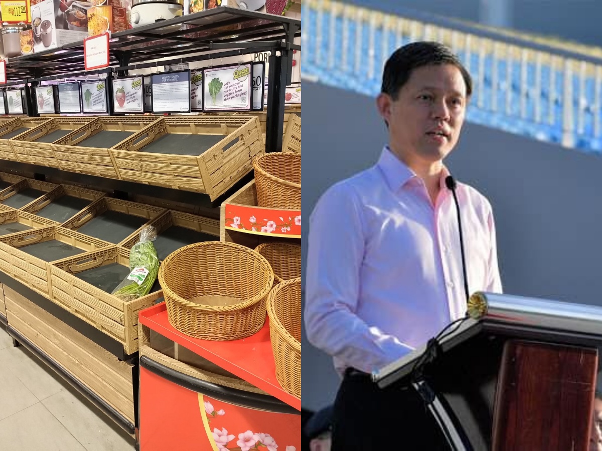Empty baskets after Singaporeans cleared out groceries, at left, and Singapore Trade and Industry Minister Chan Chun Sing, at right. Photos: Gilbert Goh, Chan Chun Sing/Facebook