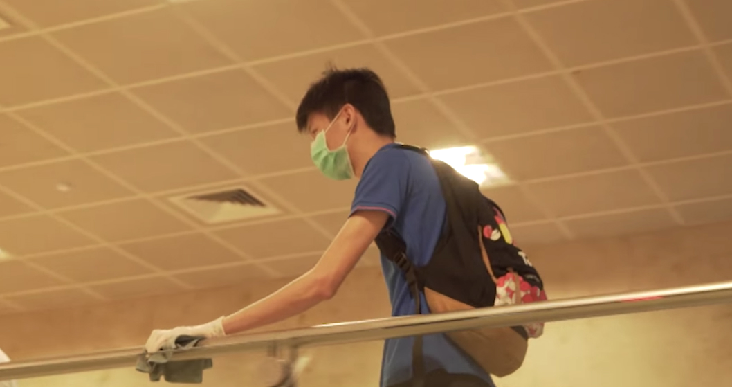 A man disinfecting Singapore’s Changi Airport. Image: Changi Airport