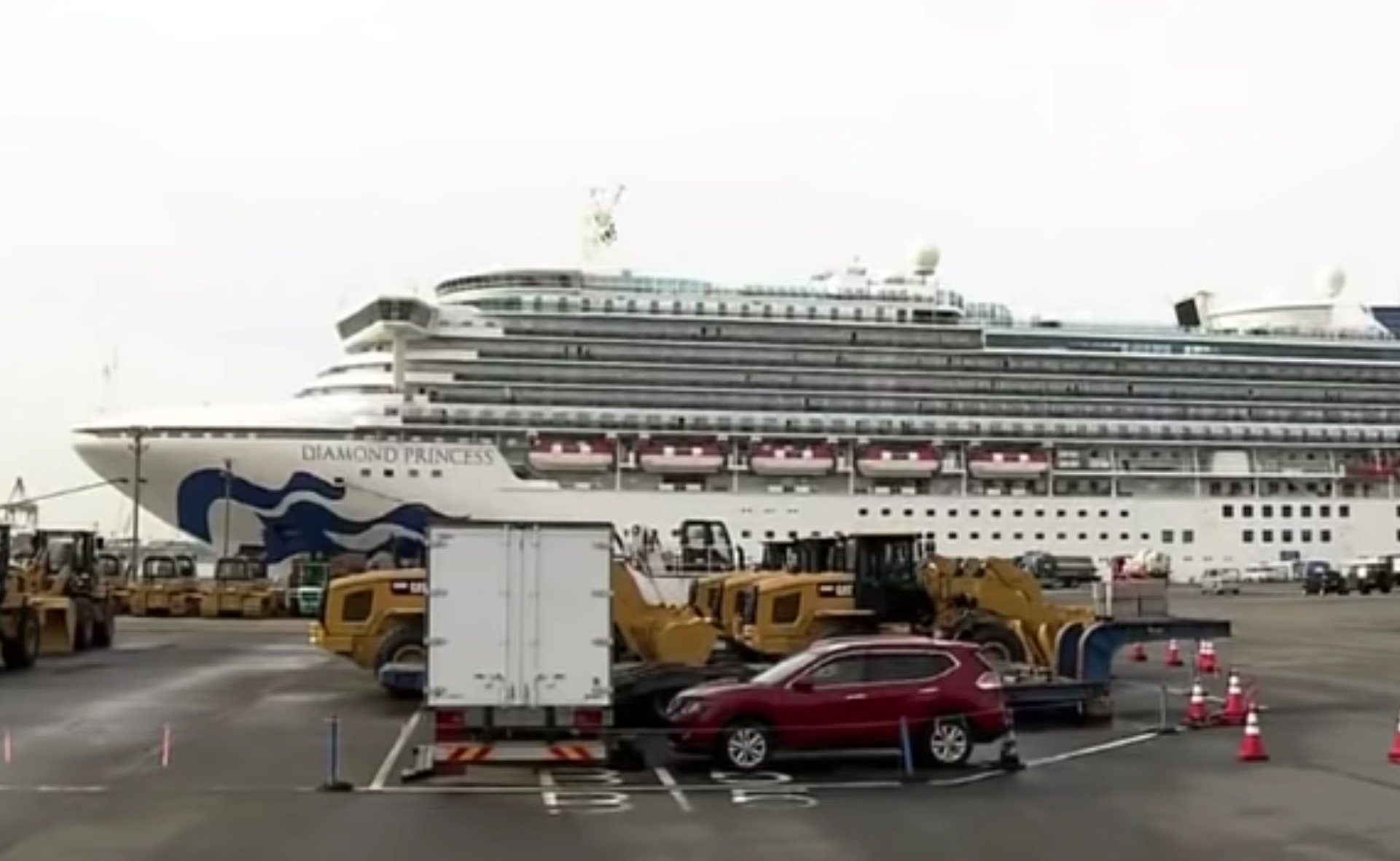 The Diamond Princess cruise ship is docked in the port of Yokohama after being quarantined due to a coronavirus outbreak on board. Screengrab via YouTube.