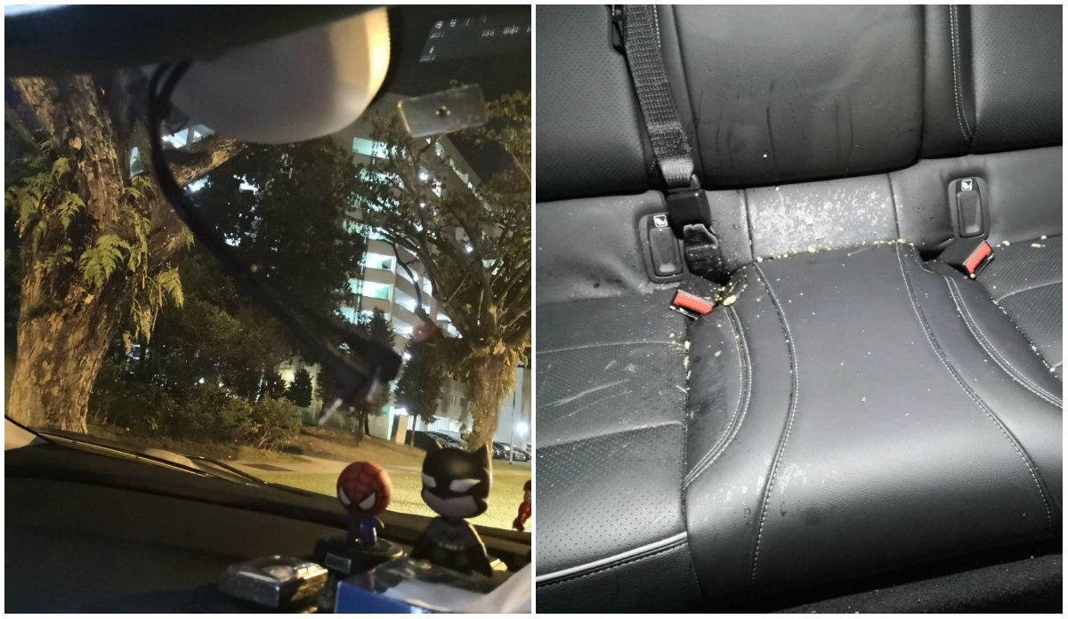 Photos purportedly showing the aftermath of the assault, with dashcam gone and puke in the backseat. Photos: Haileyluv Jiiny/Facebook