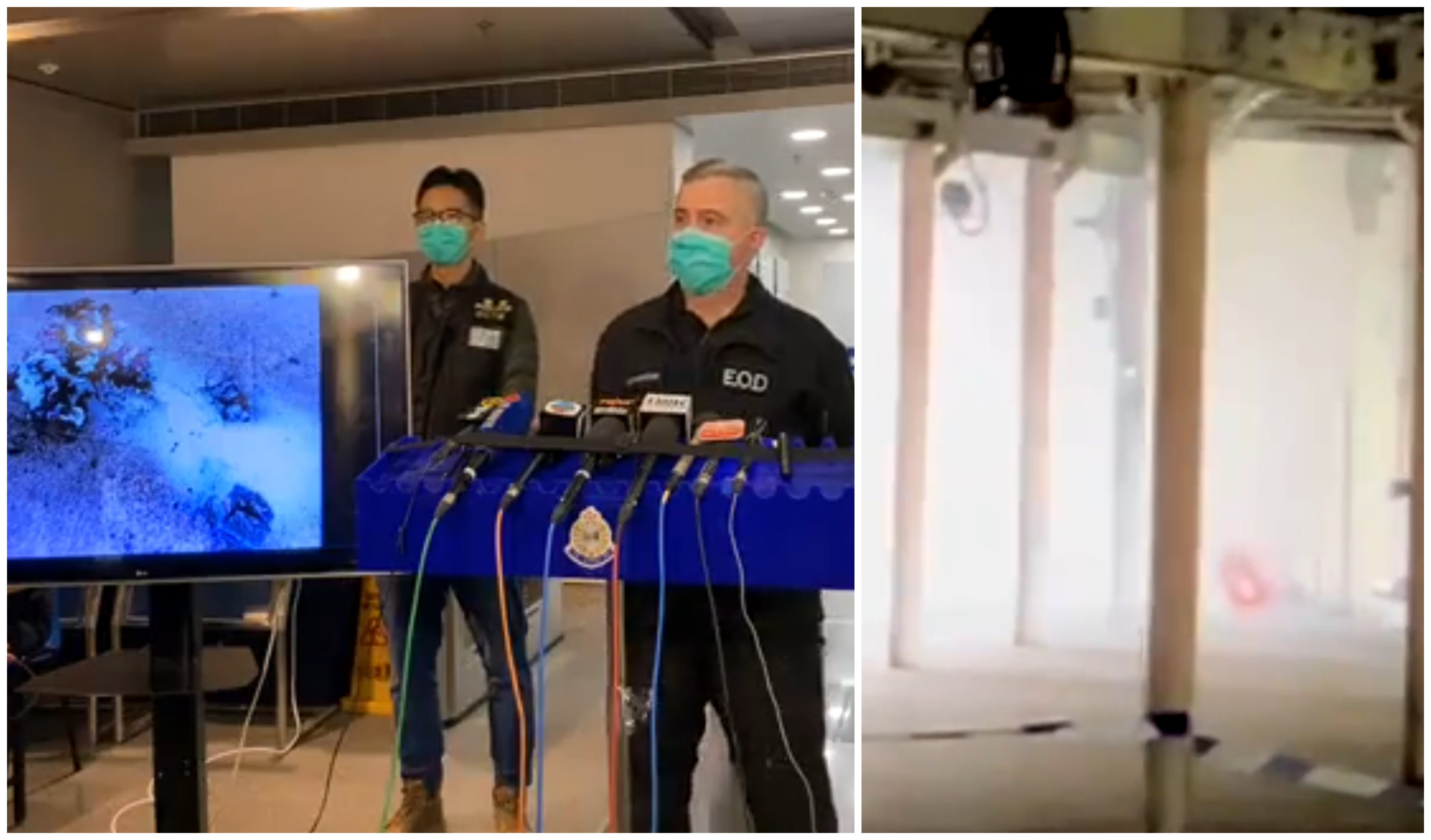 Bomb disposal officer Alick McWhirter briefs the media on the explosive devices found at Lo Wu MTR yesterday (left); a flaming object at Lo Wu MTR station (right). Screengrabs via Facebook/HKPF.