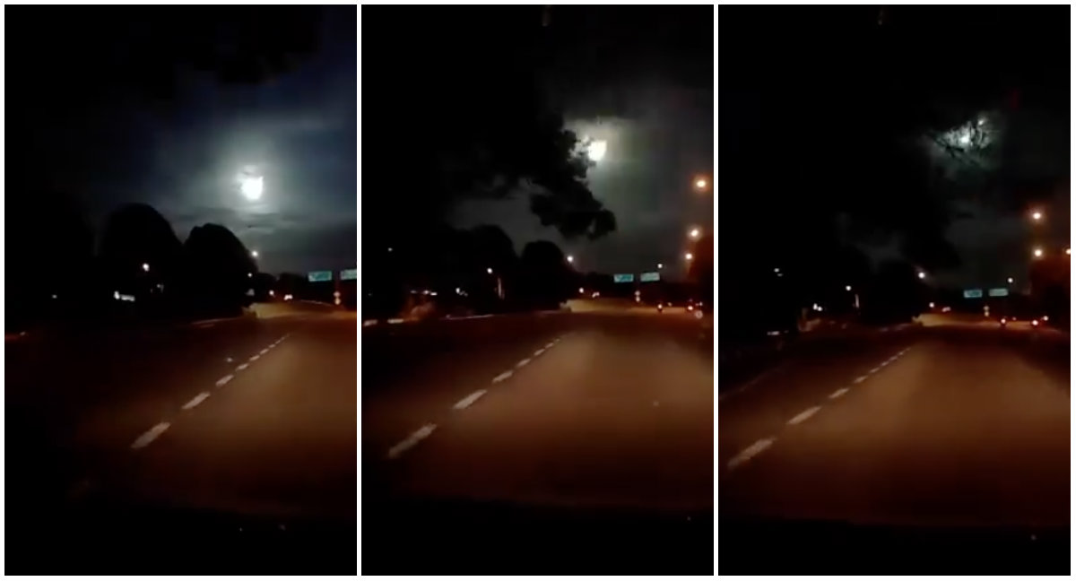 A fiery ball of light plummets through the sky as seen from Johor Bahru, Malaysia, in a dashboard camera recording. Images: All Singapore Stuff/Facebook