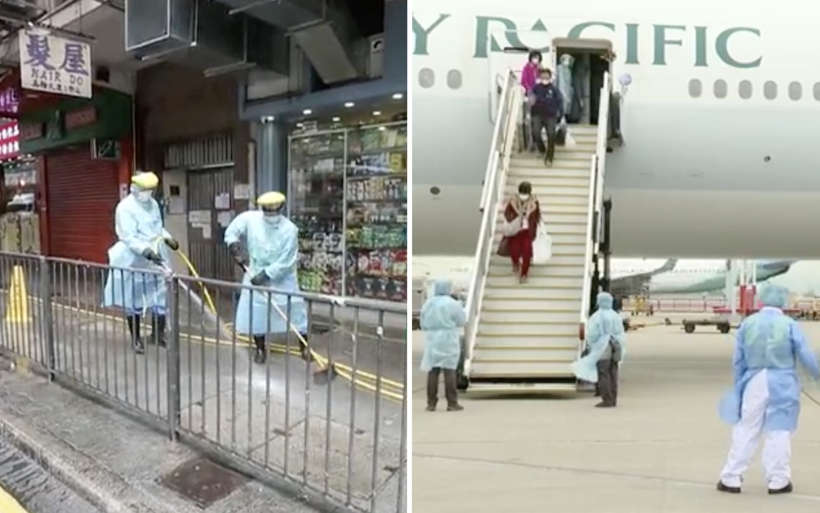 (Left) Food and Environmental Hygiene personnel disinfect the sidewalk outside the Maylun Apartments building, the site of a Buddhist temple where at least four temple-goers reportedly caught the coronavirus, (right) passengers from the Diamond Princess cruise ship disembarking from a chartered flight. Screengrabs via Apple Daily video and Facebook video.