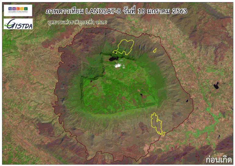 Satellite imagery shows before and after a wildfire that damaged over 3,000 rai of forest in the Phu Kradueng National Park. Photo: GISTDA