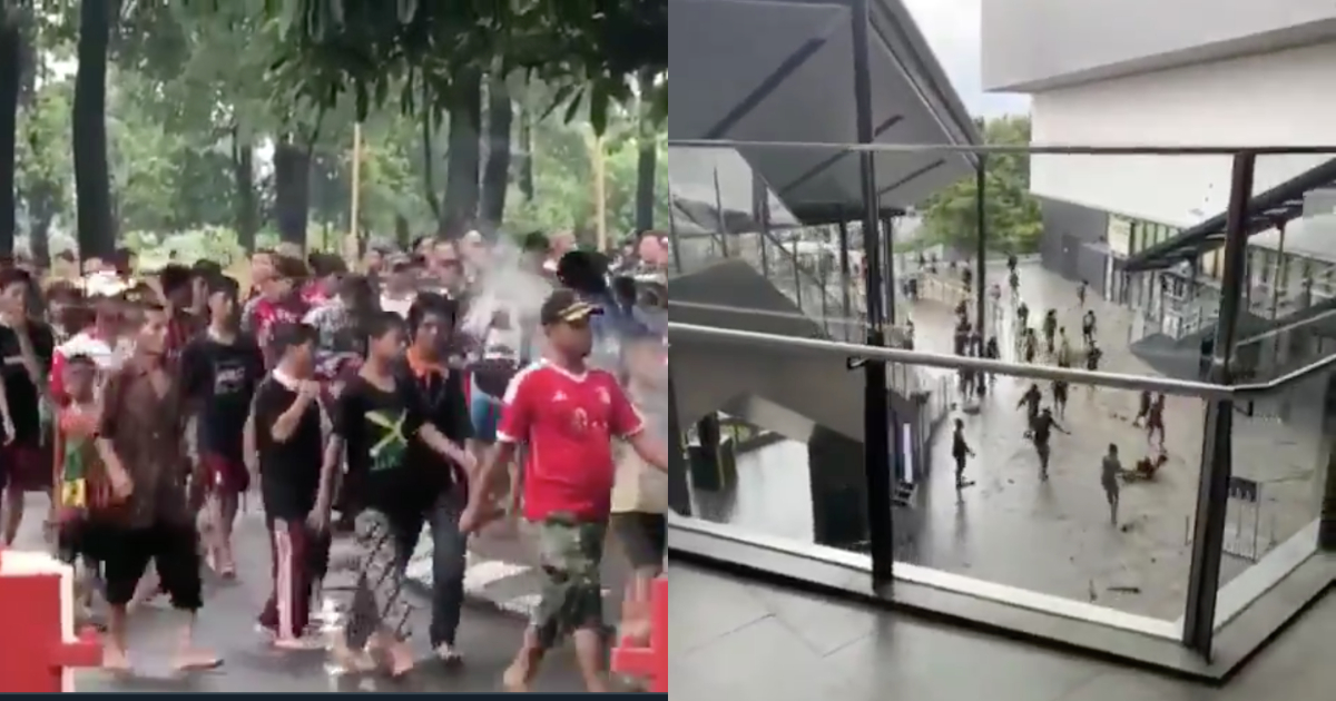 Police say around 200 people stormed AEON Mall Jakarta Garden City at 9am today and went on to vandalize several facilities such as a security post, glass windows, signs, fences, and parts of the mall’s parking structure. Screenshots from Twitter