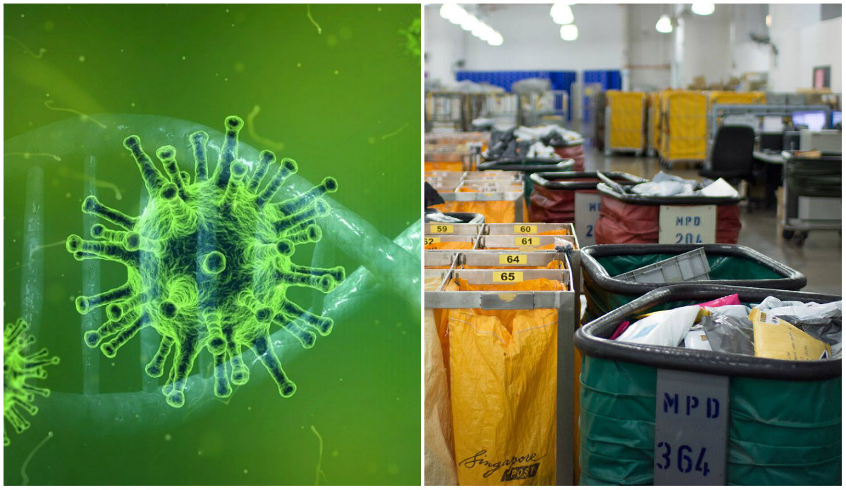 File photo of the SARS-CoV-2 virus, at left, and a SingPost mail center, at right. Photos: Pete Linforth/SingPost
