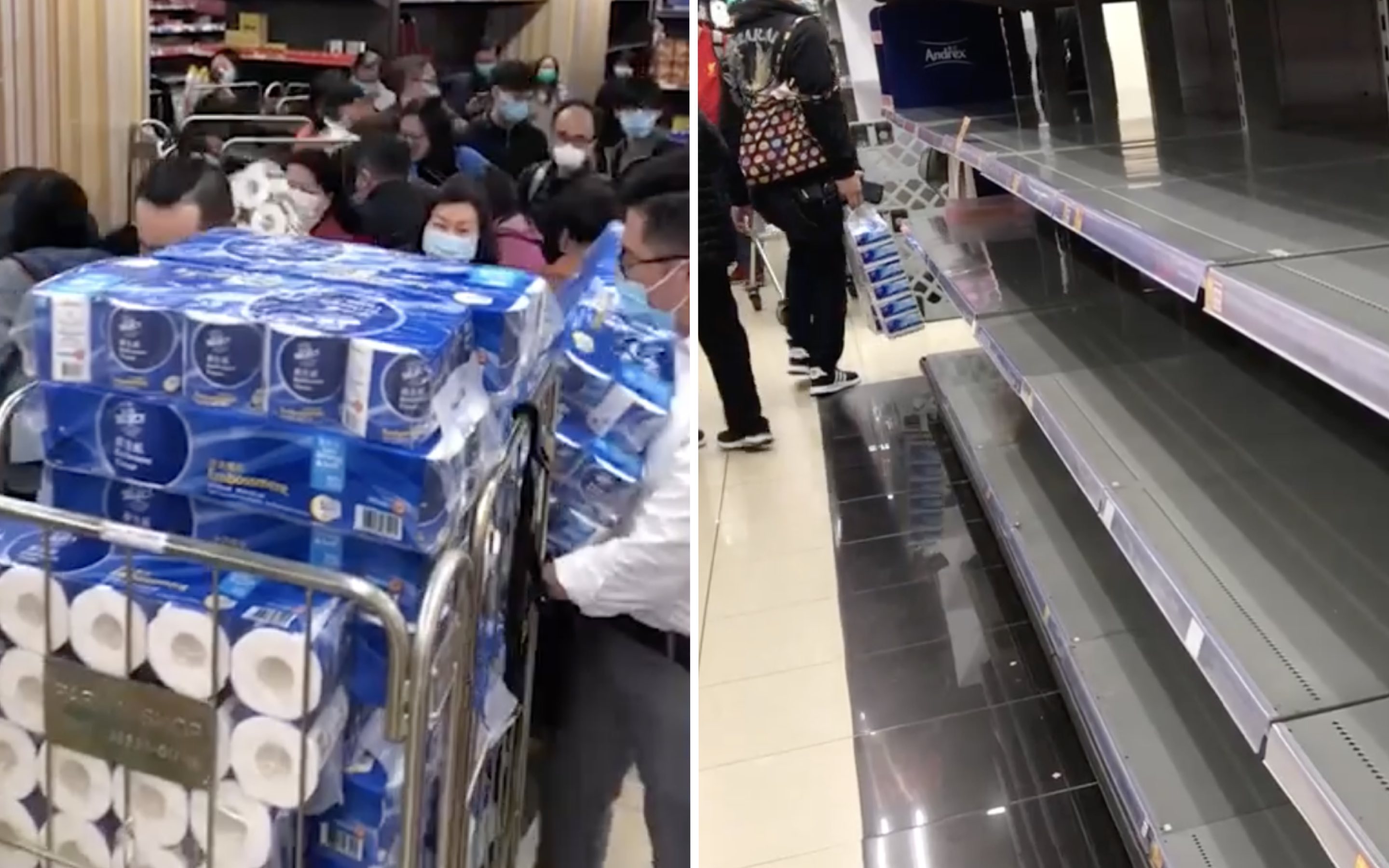 Videos shared online show Hongkongers panic-buying toilet paper after word spread online that there was a toilet paper shortage. Screengrabs via Facebook/RTHK.