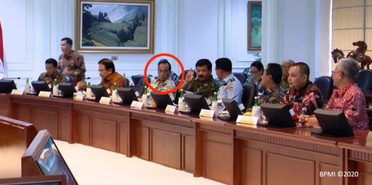Transportation Minister Budi Karya Sumadi attending a cabinet meeting on March 11, 2020. He was announced to be COVID-19 positive on March 14, 2020.