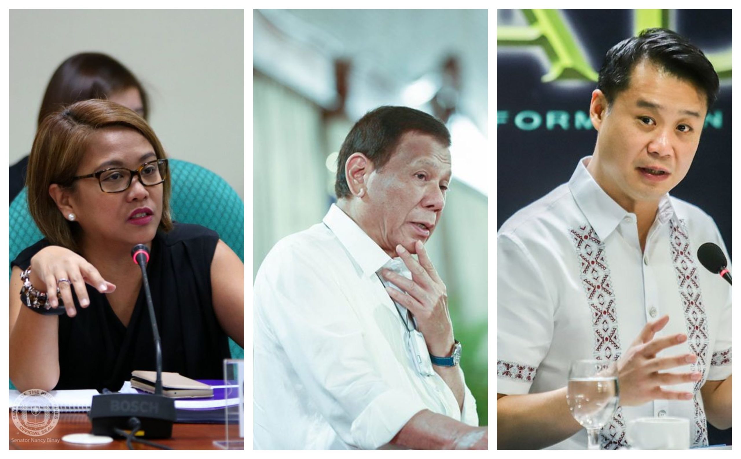 Senator Nancy Binay, President Rodrigo Duterte, and Senator Sherwin Gatchalian. Photo: Binay/FB, Presidential Communications/FB, and ABS-CBN News