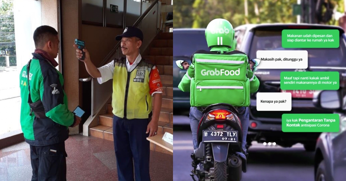 Security checking for Gofood driver upon entering a restaurant (L) and Grabfood’s contactless delivery campaign (R). Photos courtesy of Gojek and Grab Indonesia