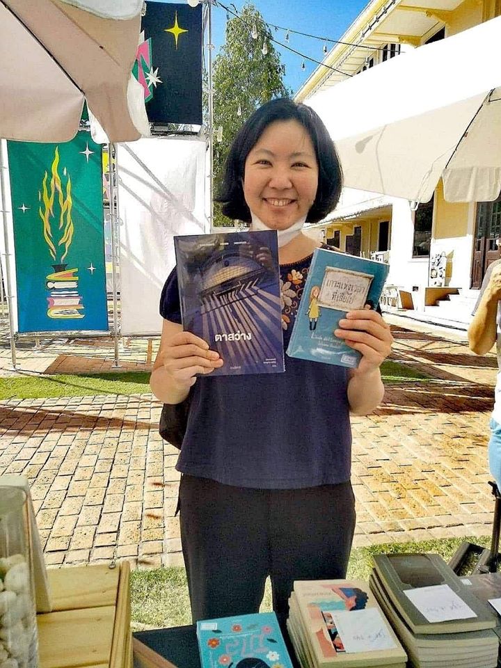 Social critic and writer Sarinee Achavanuntakul with ‘Ta Sawang’ at Lit Fest 2020 at Museum Siam. Photo: Reading Italy / Facebook