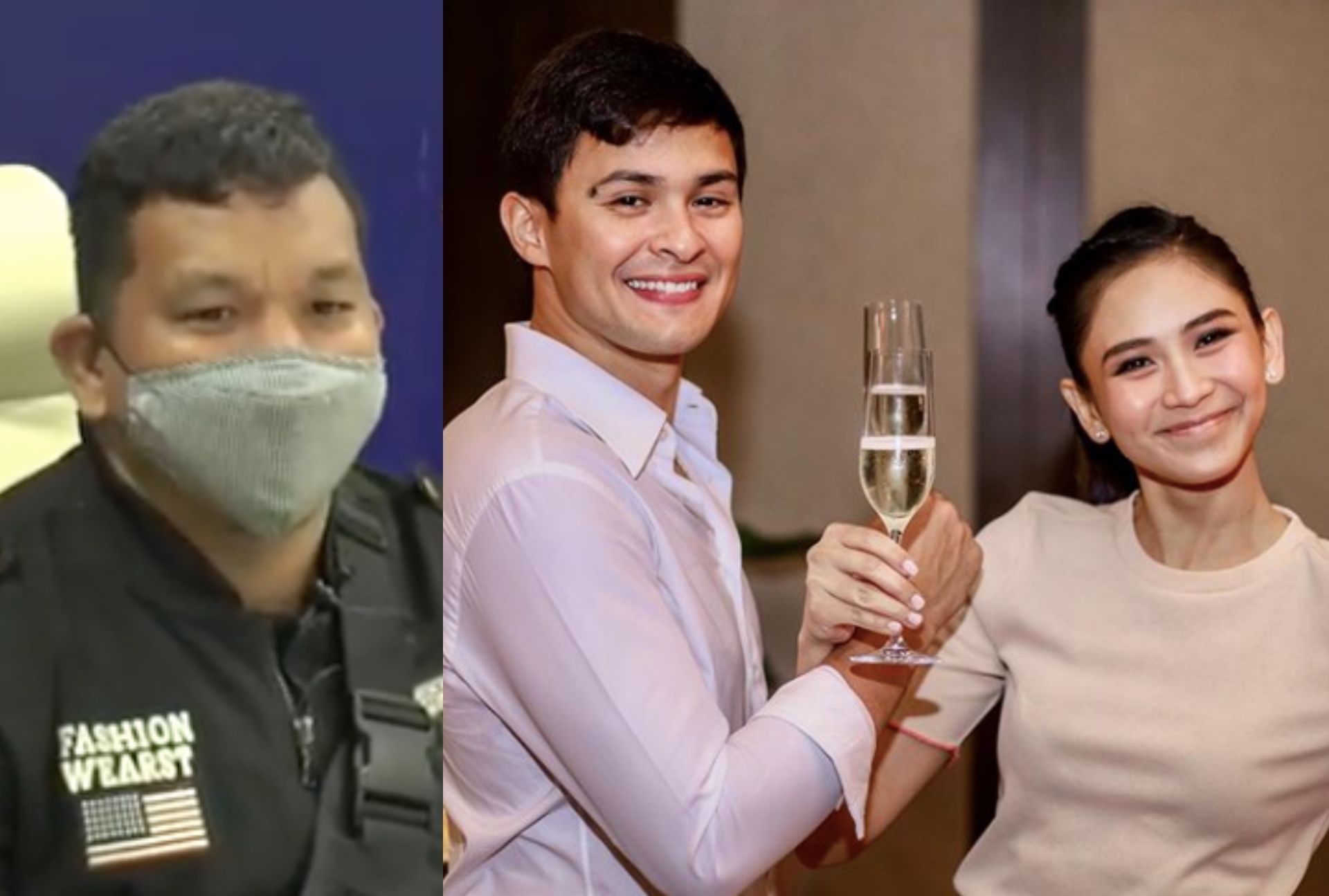 At left, Geronimo family bodyguard Jerry Tamara; At right, the wedded actor couple Matteo Guidicelli and Sarah Geronimo <i></noscript>Photo: Tulfo in Action screenshot, Matteo Guidicelli / IG</i>