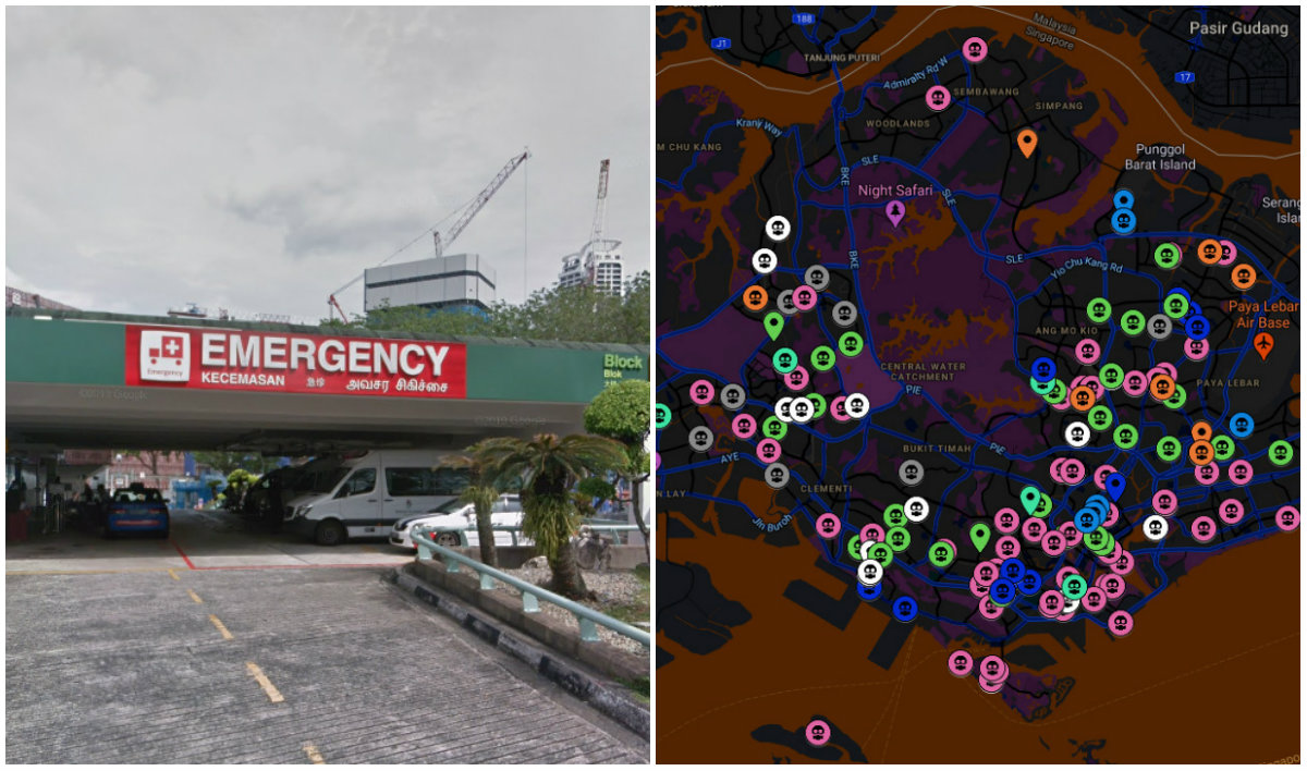Singapore General Hospital’s emergency department (left) and the map of COVID-19 infections in Singapore. Images: Google