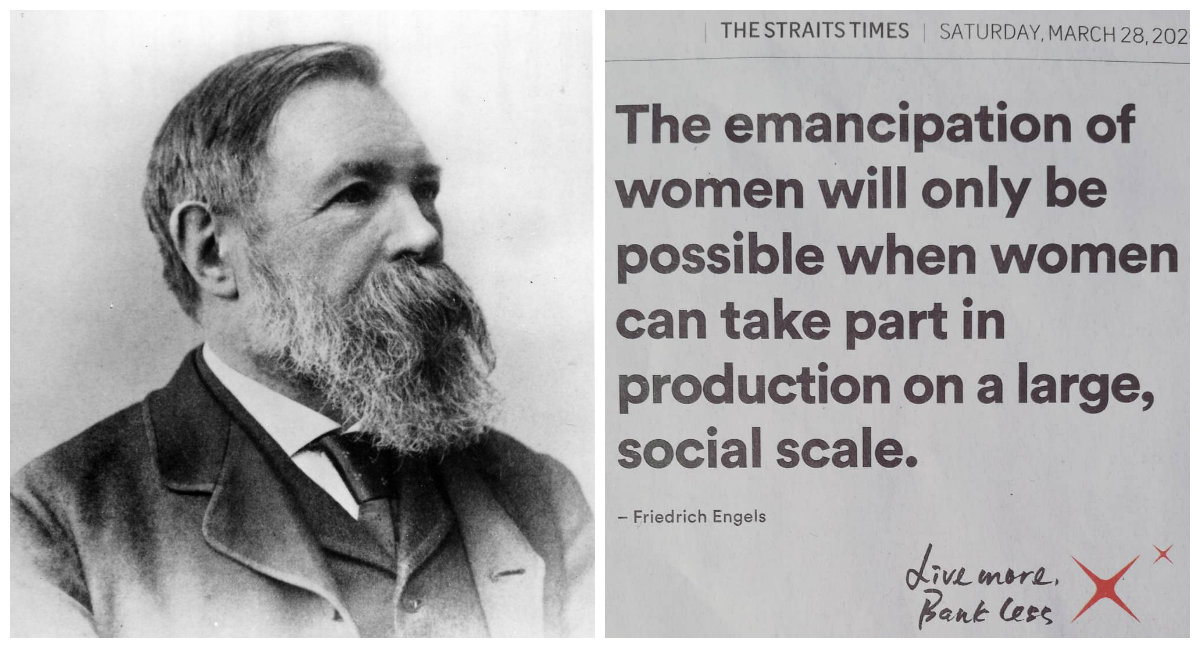 Portrait of German philosopher Friedrich Engels, at left, and a DBS Bank ad printed in The Straits Times, at right. Images: William Elliott Debenham/Wikimedia Commons, Simon Vincent/Facebook