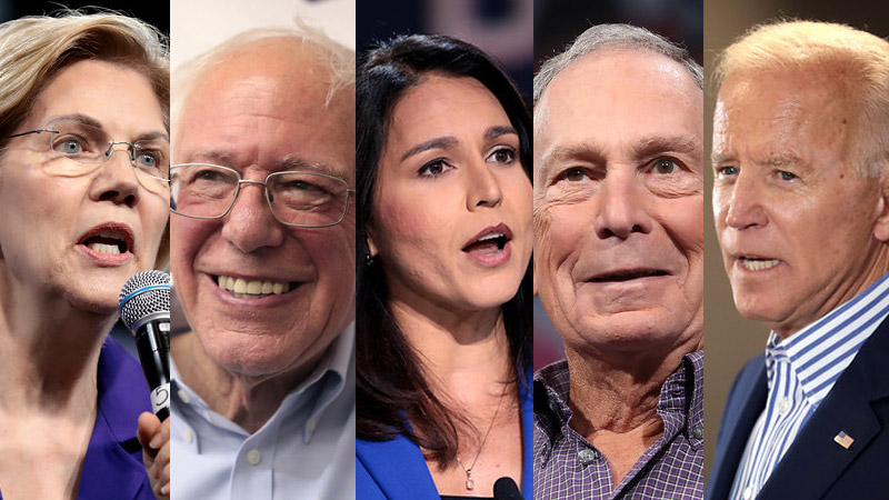 Elizabeth Warren, Bernie Sanders, Tulsi Gabbard, Mike Bloomberg, Joe Biden. Photos: Gage Skidmore