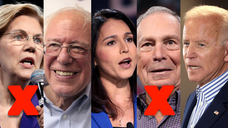 Elizabeth Warren, Bernie Sanders, Tulsi Gabbard, Mike Bloomberg, Joe Biden. Photos: Gage Skidmore

