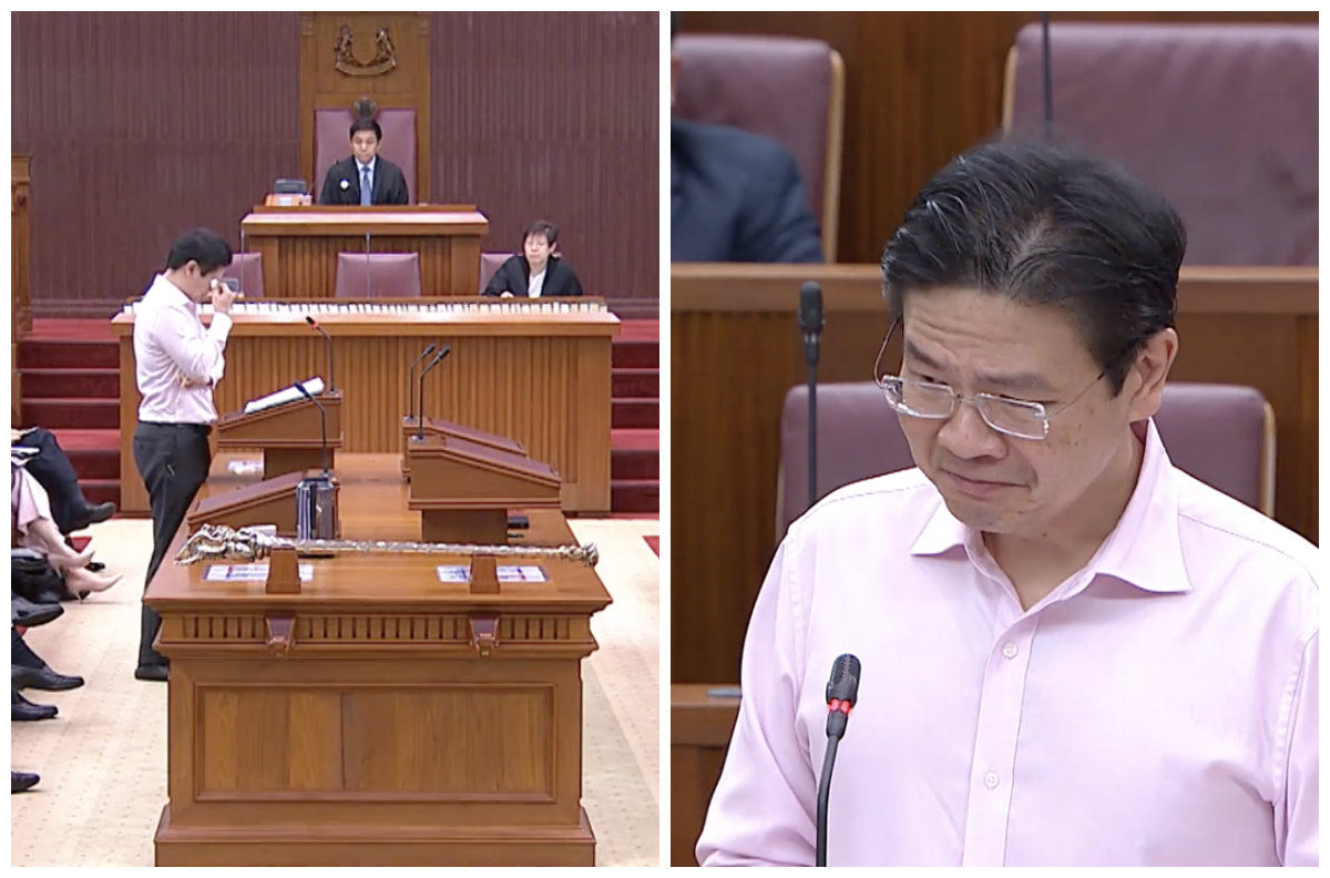 National Development Minister Lawrence Wong cries while speaking Wednesday in parliament. Image: Gov.sg/Facebook