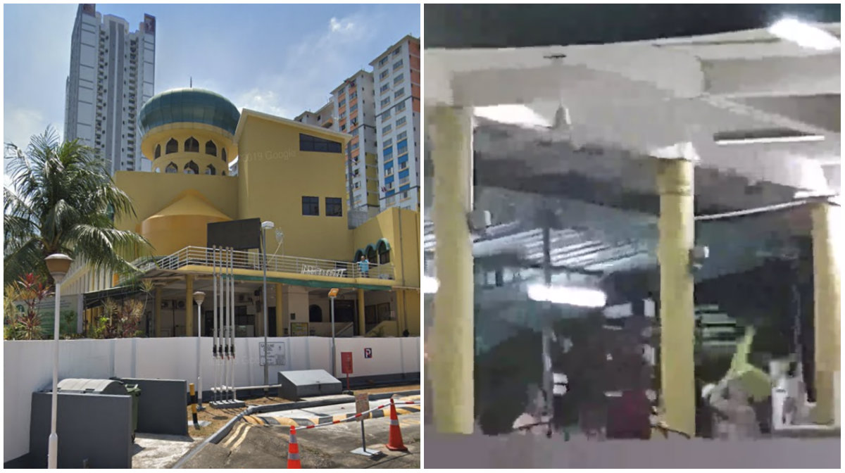 The Masjid Jamiyah Ar-Rabitah, at left, and a still image from video of the altercation. Images: Google, All Singapore Stuff/Facebook