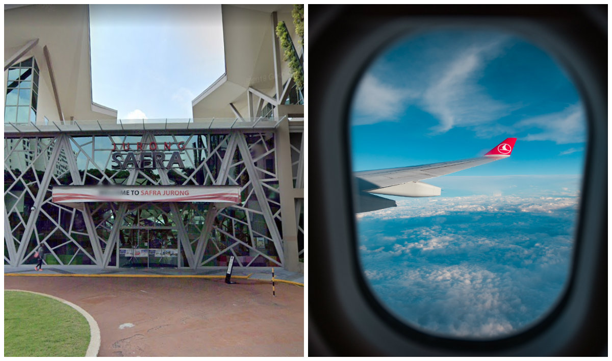 Street view of SAFRA Jurong, at left) and file photo of the wing of a Turkish Airlines aircraft. Images: Google, Jairph