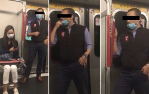 A hedge fund manager appears to deliberately wipe his own saliva on the handrail of an MTR train in a now-viral video. Screengrabs via Twitter.