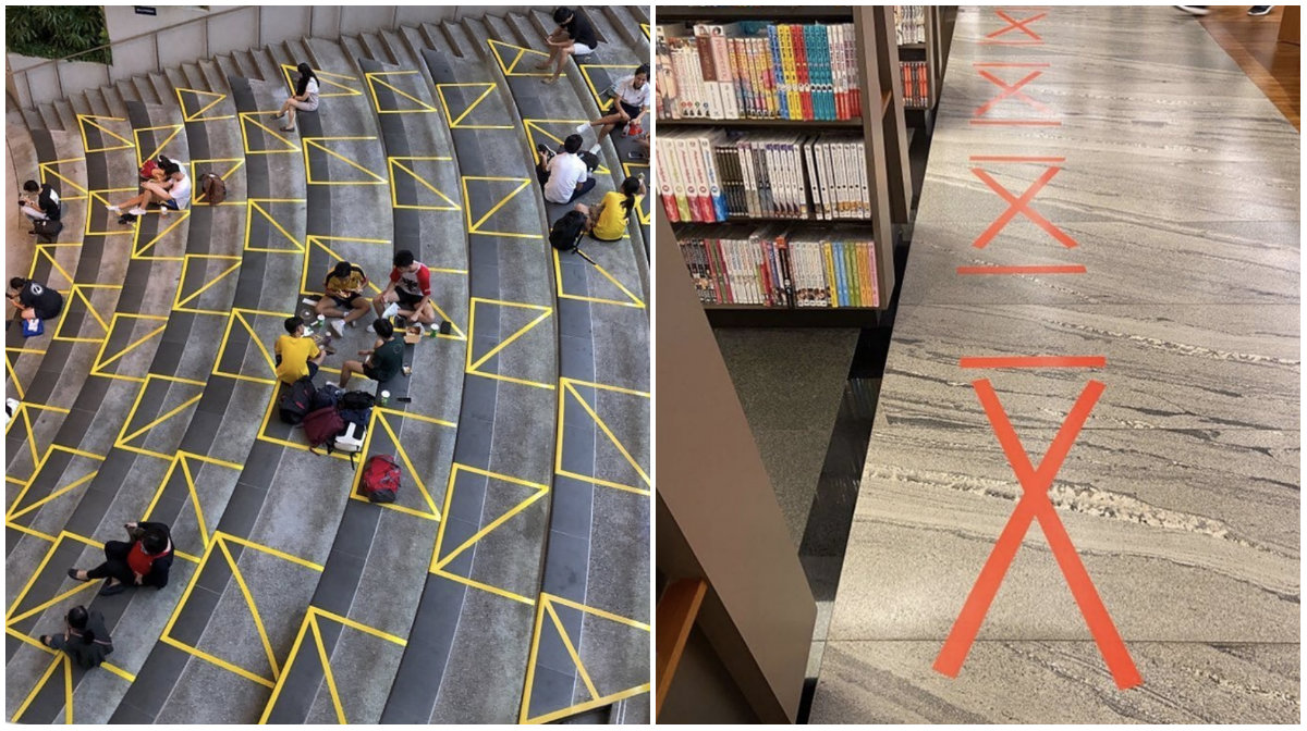 Sticky tape stuck to the floor of a mall amphitheatre, at left, and a bookstore in Singapore, at right. Photos: Gideon Kong via Antisocialsocialdistancing/Instagram, Heman Chong via Tape_measures/Instagram