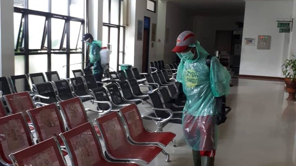 Staff disinfecting a waiting area at Blambangan General Hospital. Photo: Blambangan General Hospital 