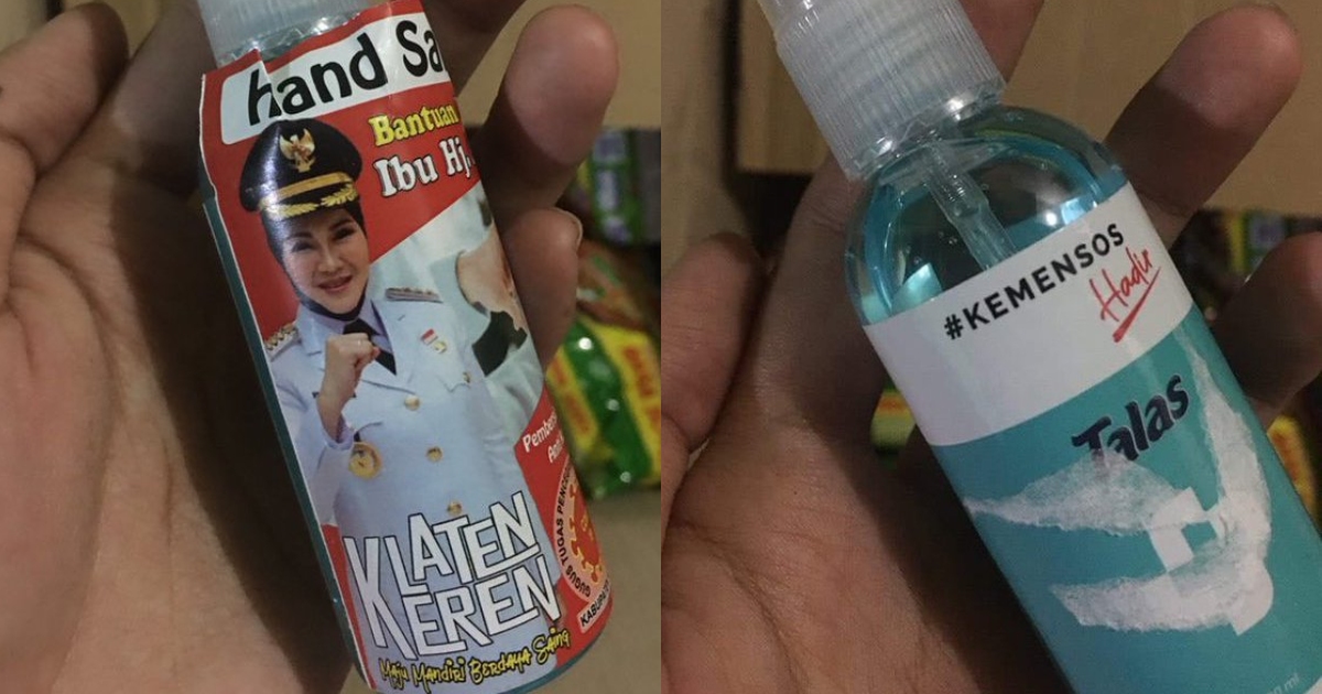 Earlier this week, a Twitter post showed a photo of the Klaten regent Sri Mulyani stuck onto bottles of hand sanitizer, which were distributed in the regency as part of a COVID-19 countermeasures aid from the Social Affairs Ministry (Kemensos). Photo from Twitter/@mahasiswaYUJIEM