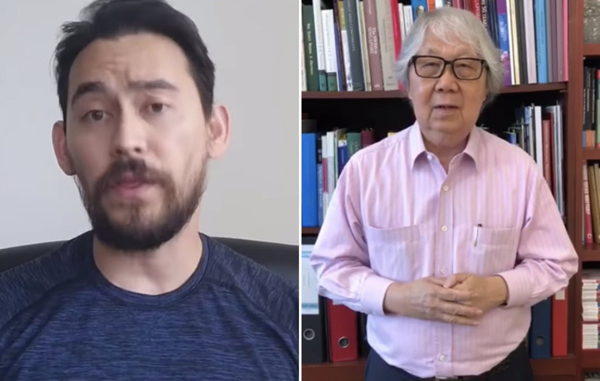 Actor Paul Foster, at left, and lawyer Tommy Koh in videos appealing to Singaporeans to donate their S$600 relief payouts. Images: Tan Chuan-jin, Tommy Koh/Facebook

