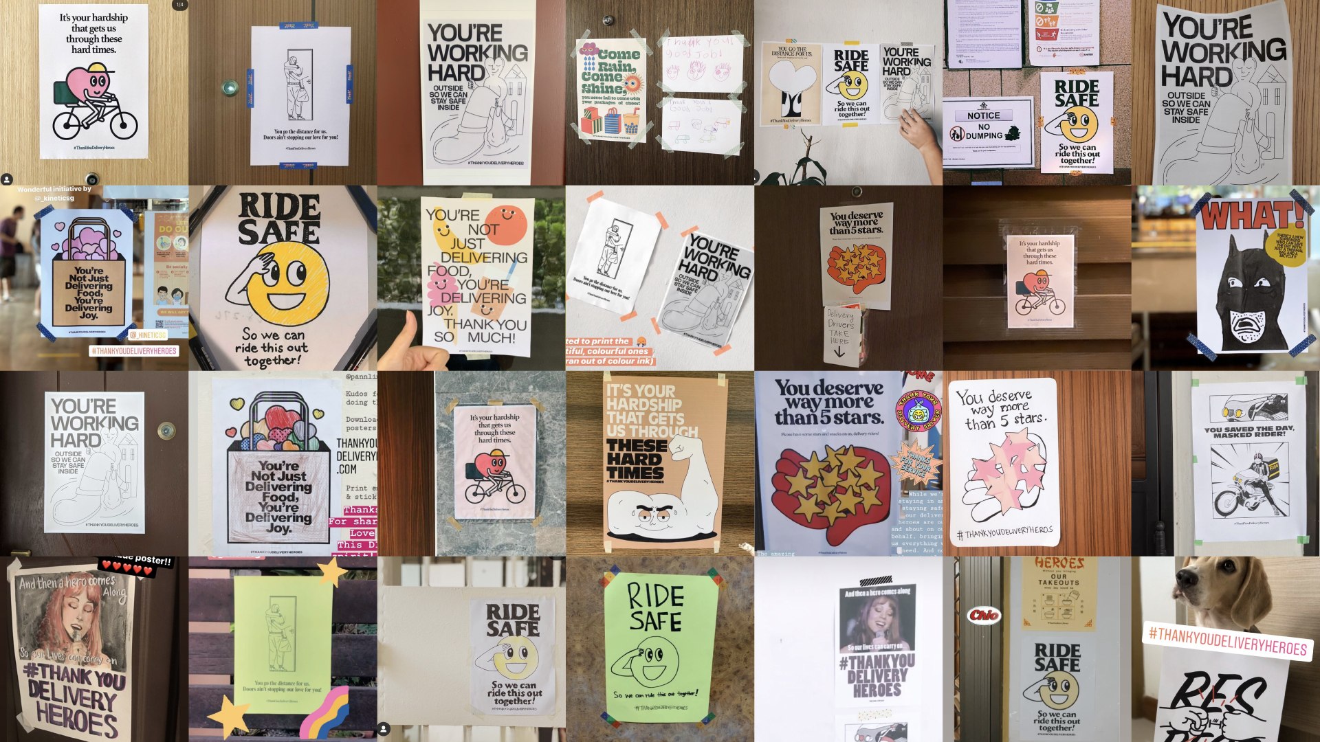 Compilation of posters hung by Singaporeans to thank their delivery personnel. Image: Kinetic Singapore
