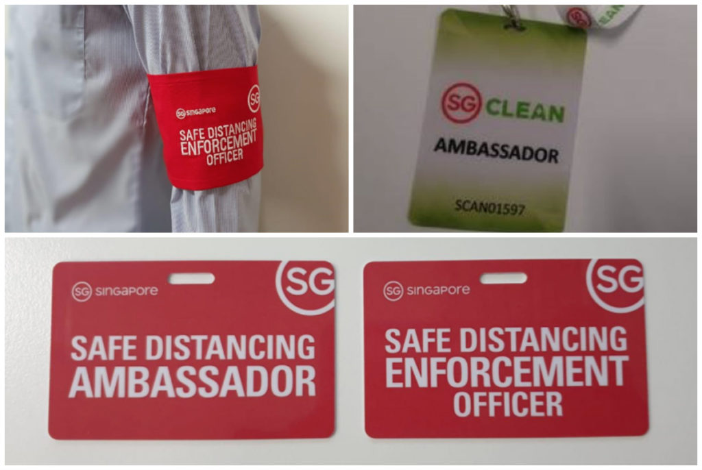 Government-appointed enforcement officers and volunteer ‘ambassadors’ wear arm bands and carry passes when they go outside. Photos: Ministry of Environment and Water Resources