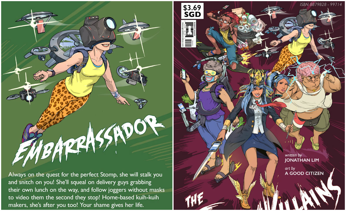 At left, one of the CoronaVillains, Embarrassador appears in a newly released comic. Its cover, at right. Images: A Good Citizen/Facebook
