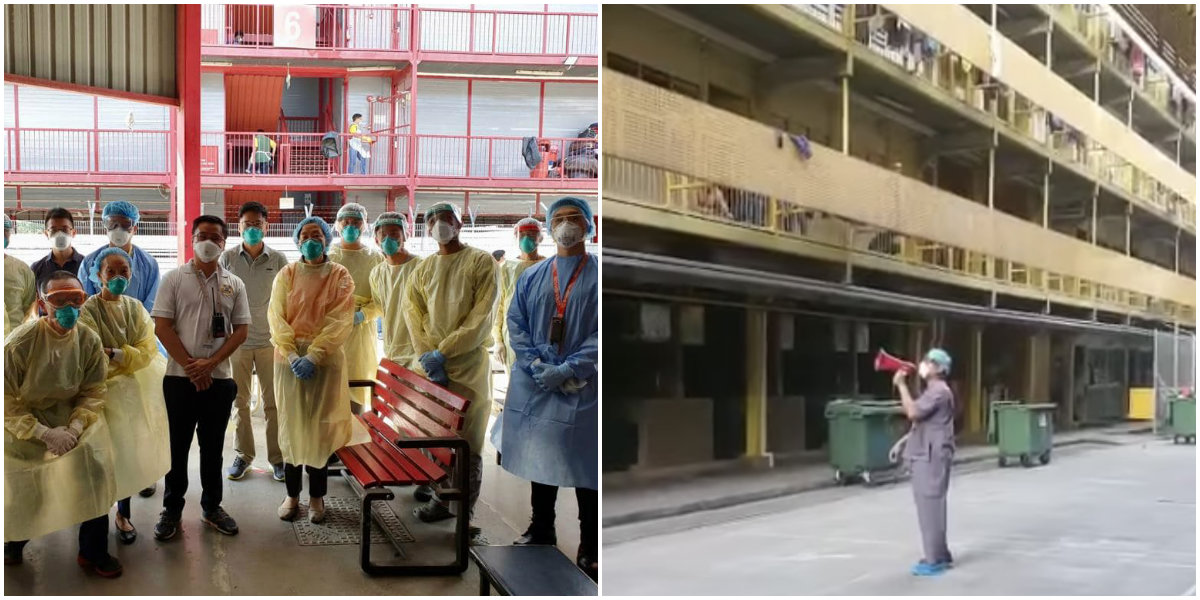 At left, medical professionals assemble at a foreign worker dormitory. A doctor addresses those inside, at right. Photos: Sengkang General Hospital/Facebook
