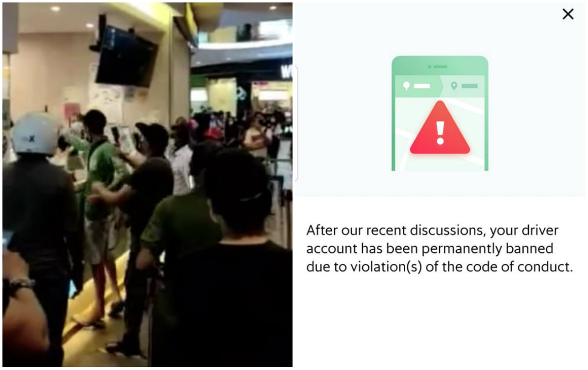 A GrabFood delivery rider shouts at bubble tea staff, at left. At right, a message the rider says he received after Tuesday night’s boba meltdown. Images: The Local Society, Alvin Lee/Facebook