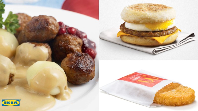 At left, Ikea’s Swedish meatballs with mashed potatoes and jam. At right, McDonald’s Sausage and Egg McMuffin with hash brown. Photos: Ikea, McDonald’s
