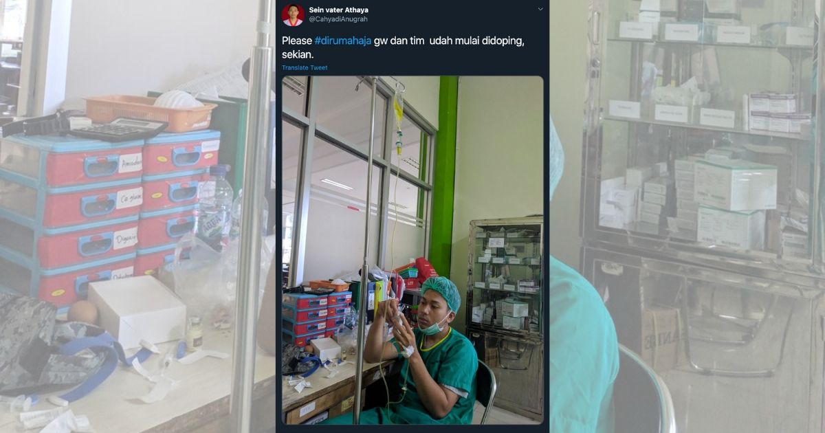 In a tweet that has since gone viral, a nurse from Bogor, West Java named Cahyadi Anugrah is reminding everyone to heed calls to stay at home, as he posted a photo of himself getting an intravenous drip at the hospital he works at. Photo: Twitter/@CahyadiAnugrah