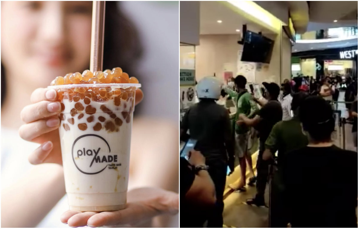 At left, a cup of bubble tea from Playmade. At right, Grab delivery man shouting at counter staff.  Photos: Playmade/Instagram, Facebook