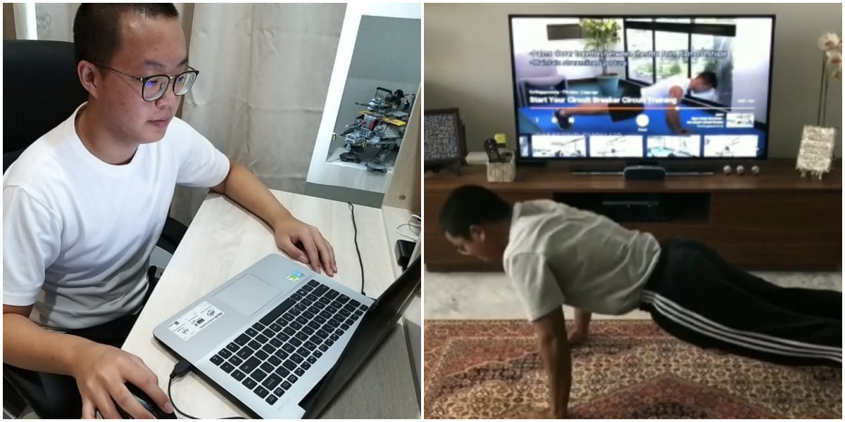 Chiew attending the lessons on the portal site, at left. Emir doing push-ups while following circuit training online, at right. Images: Pioneer
