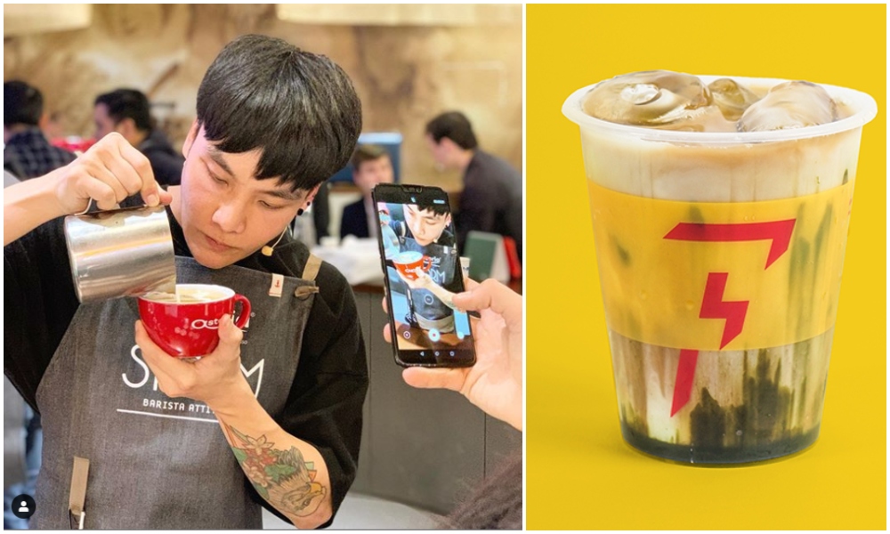 Left, Arnon “Tong” Thitiprasert makes a latte art and, right, avo latte served at Flash Coffee
